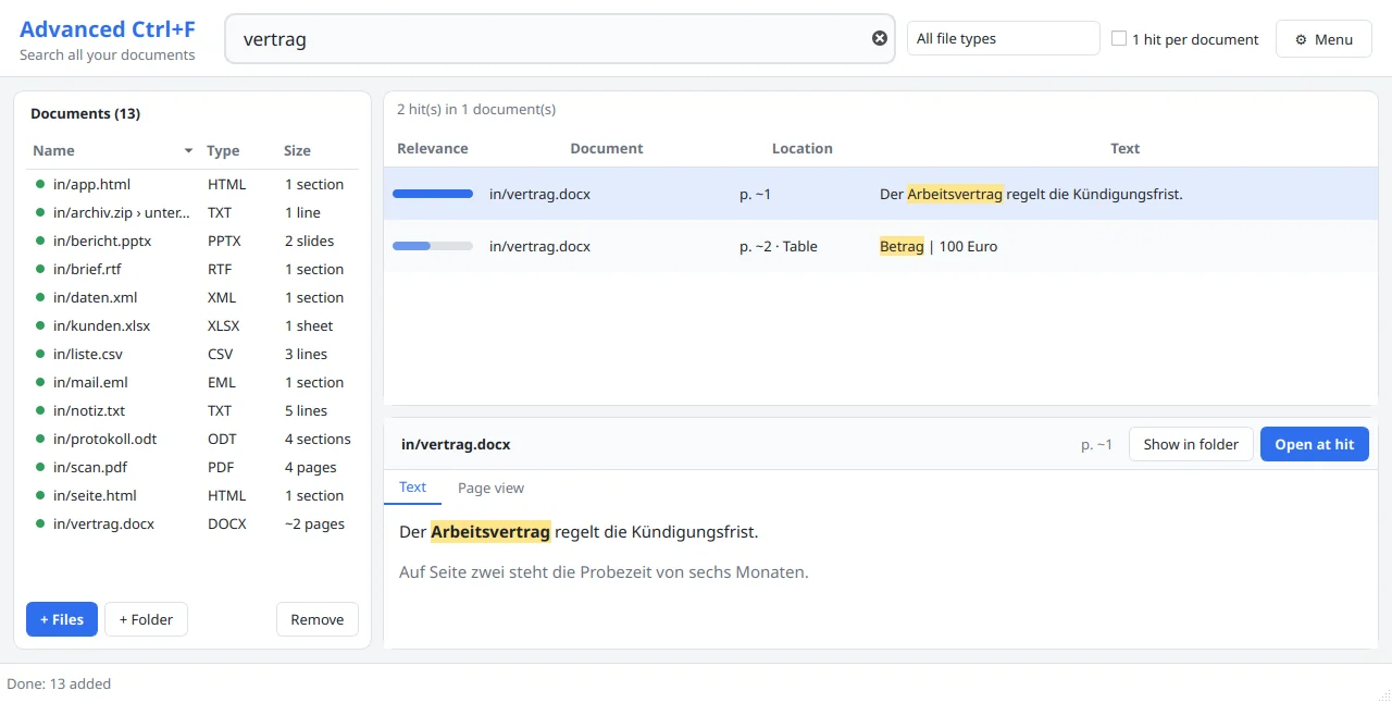 Advanced Ctrl+F: Suche nach «vertrag» über 13 Dokumente, Treffer «Arbeitsvertrag» in vertrag.docx auf Seite 1 mit hervorgehobener Vorschau